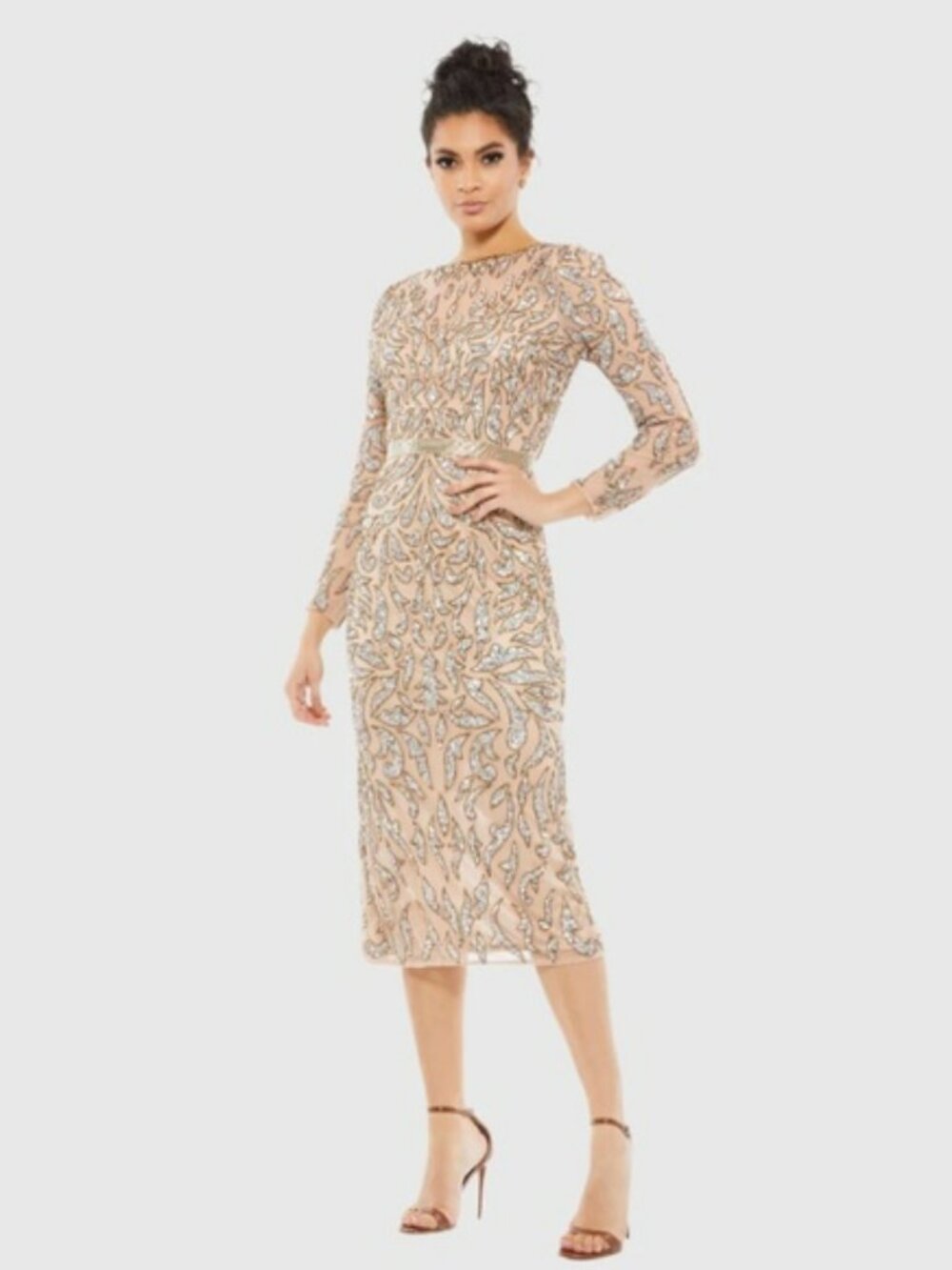 NWT $498 MAC DUGGAL Embellished Illusion Sheath Dress MOCHA MIDI 5521